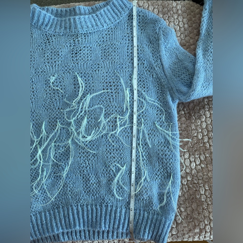 Zara Womens Knitted Sweater Pullover Feather Fringe Size M Blue Wool Blend - Picture 9 of 11